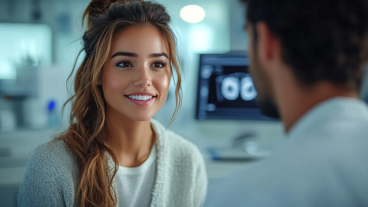 An eye doctor using an interactive 3D model to explain LASIK surgery to a patient